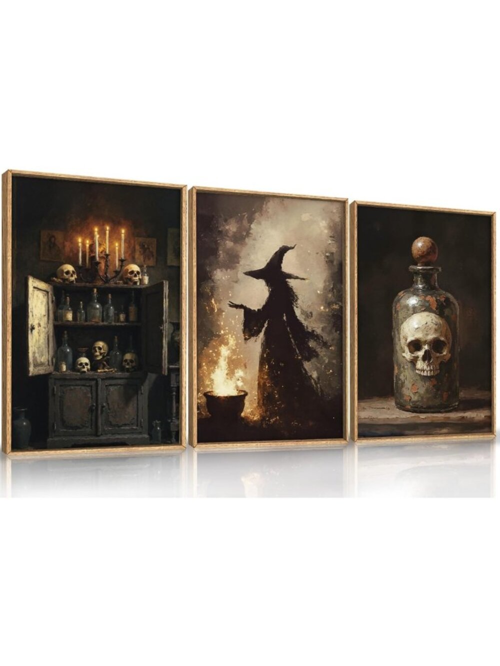 Spooky Halloween Witch Canvas Art Set, Skeleton Vintage Wall Decor, Gothic Home